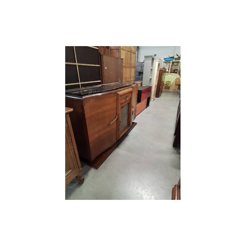 BUFFET ART DÉCO 2 PORTES 1 TIROIR 1 PORTE VITRÉE BOIS CLAIR DESSUS MARBRE NOIR EN L\'ÉTAT 