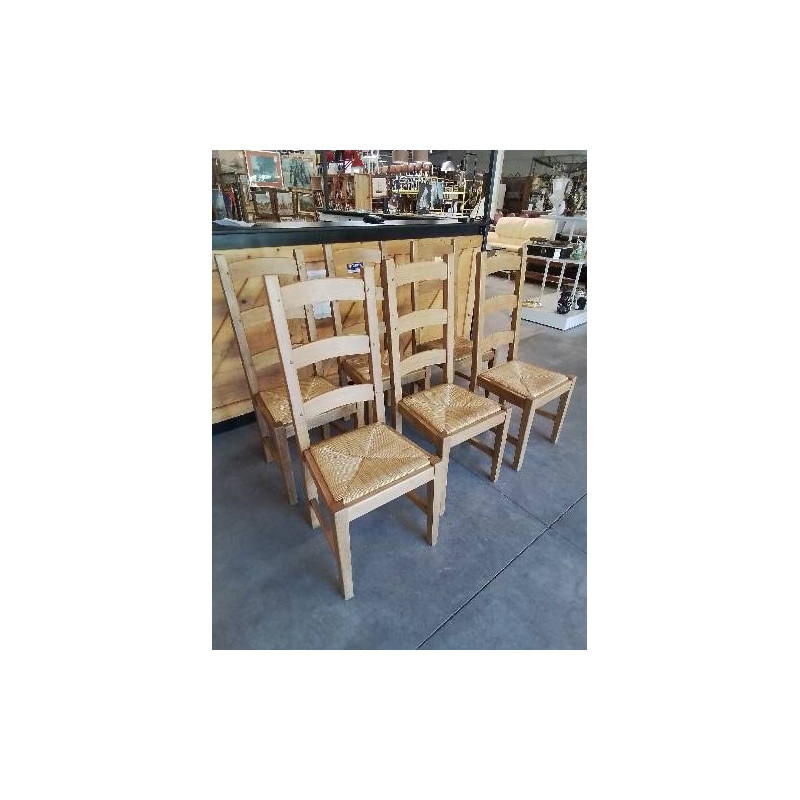 6 CHAISES CHÊNE BLOND PAILLÉ DOSSIER 3 BARREAUX 