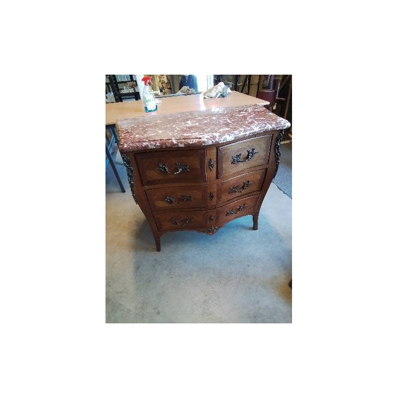 COMMODE 4 TIROIRS BOIS DE ROSE MARQUETÉ DESSUS MARBRE ROSE VEINÉ STYLE LOUIS XV XIXE EN L\'ÉTAT 