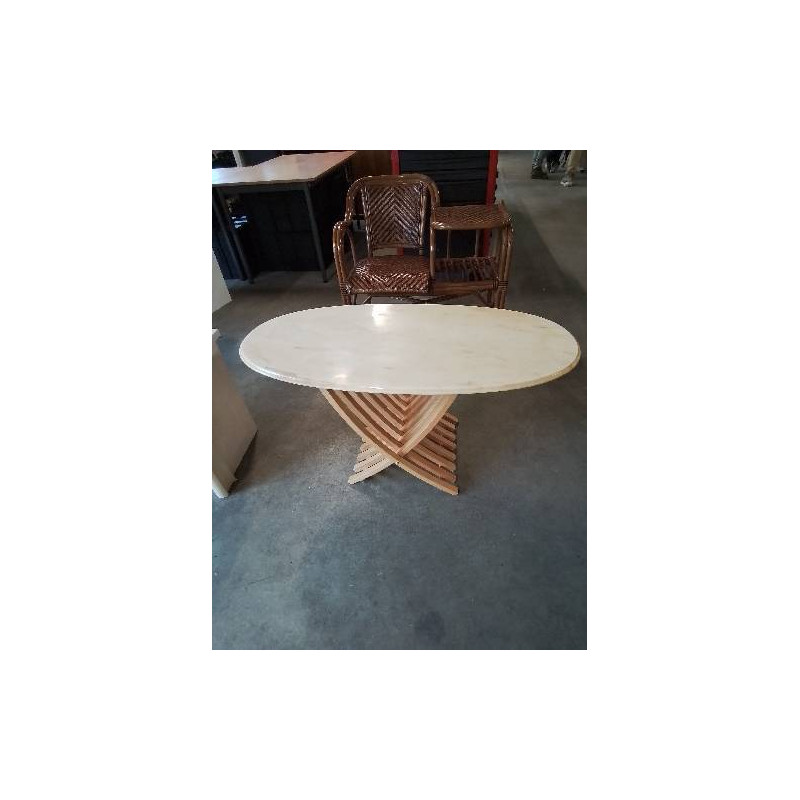 TABLE BASSE PIÈTEMENT PLIANT BOIS CLAIR DESSUS MARBRE OVALE ECRU