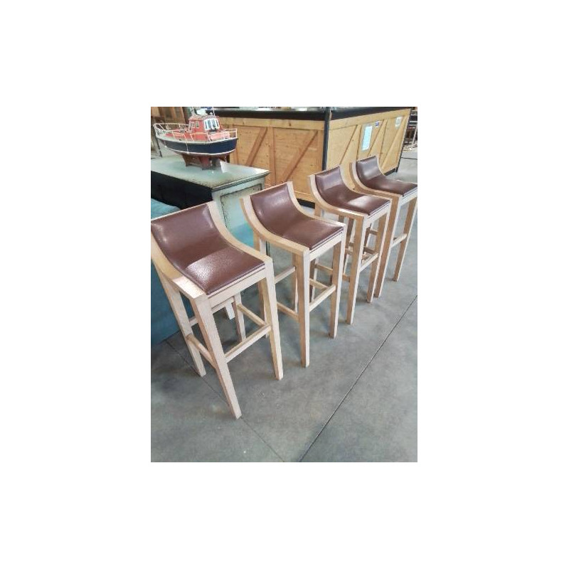 4 TABOURETS DE BAR PIÈTEMENT BOIS CLAIR ASSISE CUIR CHOCOLAT 