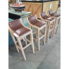 4 TABOURETS DE BAR PIÈTEMENT BOIS CLAIR ASSISE CUIR CHOCOLAT 
