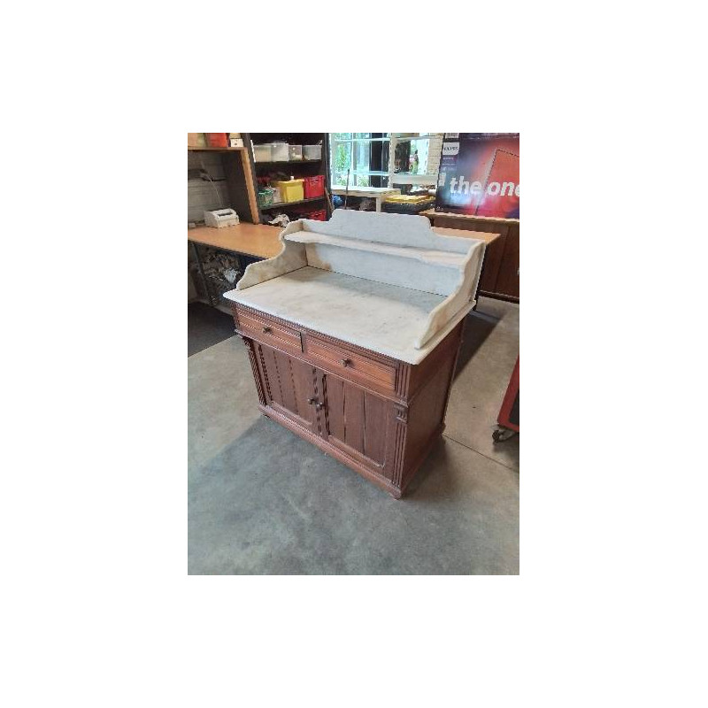 MEUBLE DE TOILETTE PITCHPIN MOULURÉ 2 PORTES 2 TIROIRS DESSUS MARBRE BLANC FIN XIXE 