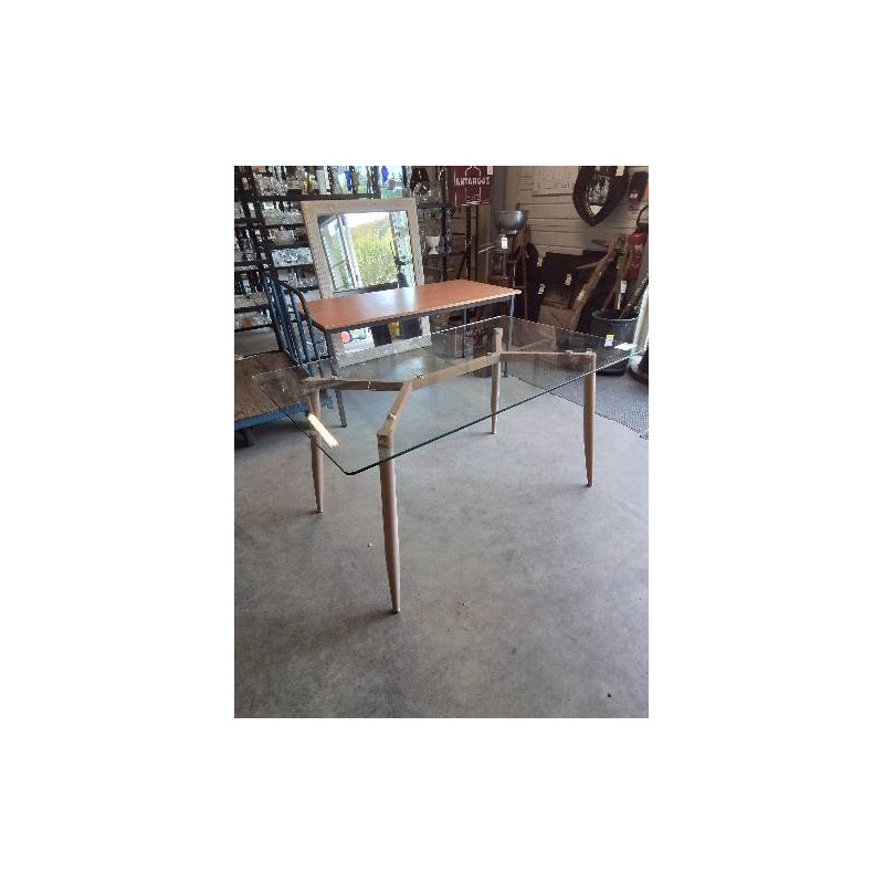 TABLE RECTANGULAIRE PIÈTEMENT MÉTAL EFFET BOIS CLAIR PLATEAU VERRE EN L\'ÉTAT 150X90X75CM