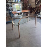 TABLE RECTANGULAIRE PIÈTEMENT MÉTAL EFFET BOIS CLAIR PLATEAU VERRE EN L\'ÉTAT 150X90X75CM