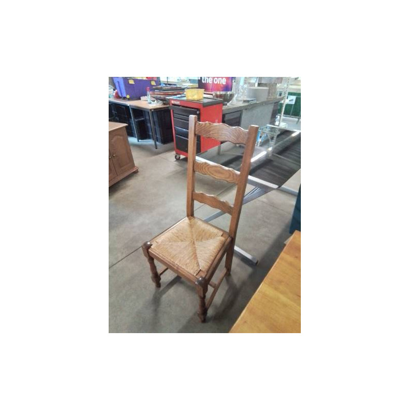 CHAISE BOIS PAILLÉ A ENTRETOISE HAUT DOSSIER 3 BARREAUX 