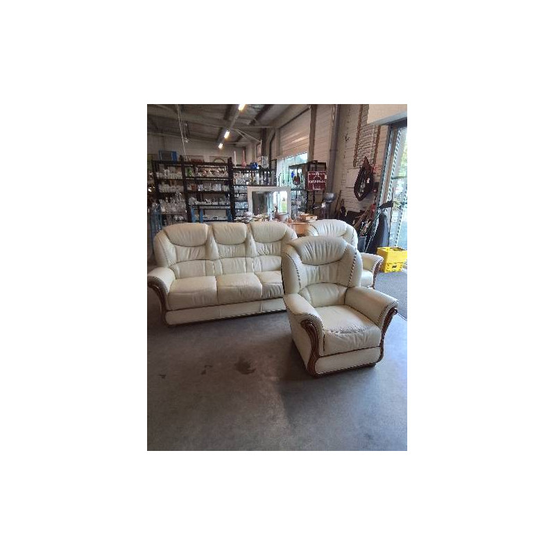 ENSEMBLE SALON 3 PIÈCES 2 FAUTEUILS 1 CANAPÉ 3 PLACES  CUIR ECRU ROSINI ITALY