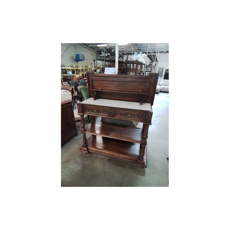 DESSERTE BOIS SCULPTÉ PLATEAU  A ABATTANT DESSUS MARBRE 2 TIROIRS FIN XIXE 