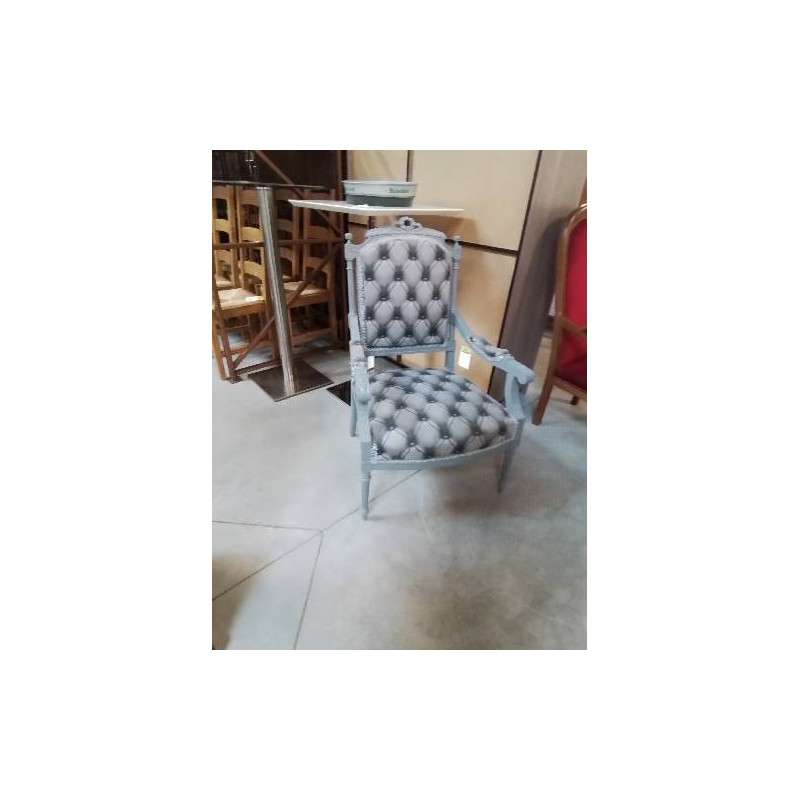 FAUTEUIL BOIS PEINT CAPITONNÉ TISSU GRIS STYLE LOUIS XVI FIN XIXE 