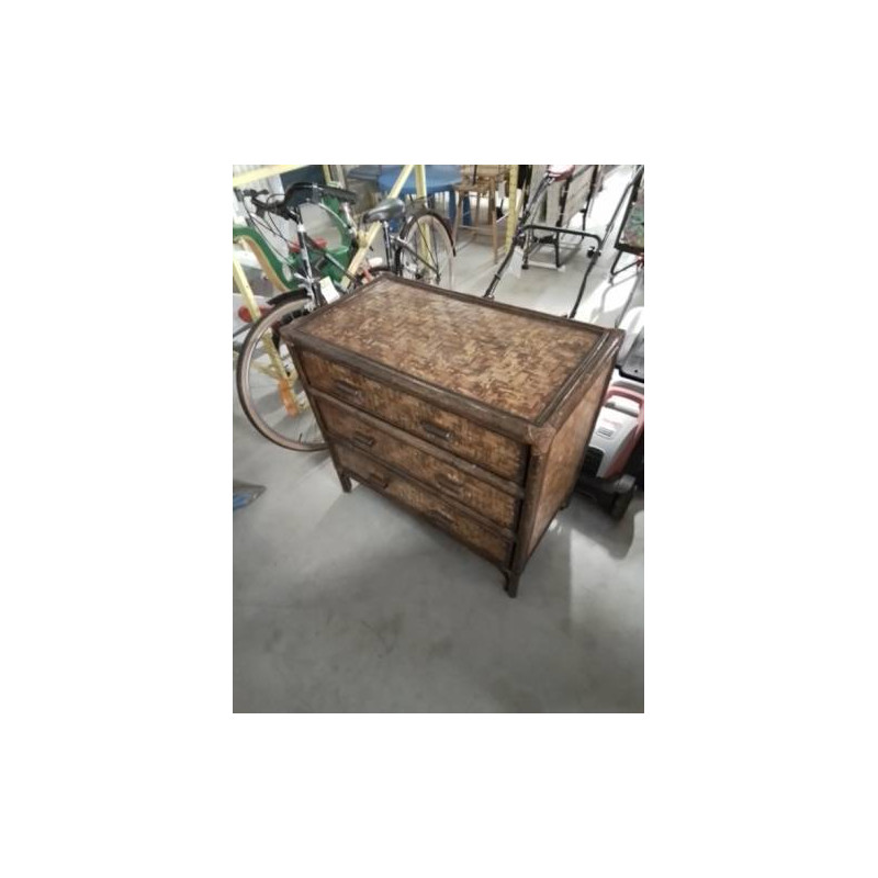 COMMODE BOIS ET ROTIN 3 TIROIRS 