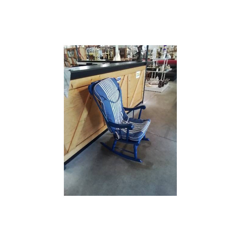ROCKING CHAIR BOIS PEINT BLEU TISSU BLEU ET BLANC A RAYURES 
