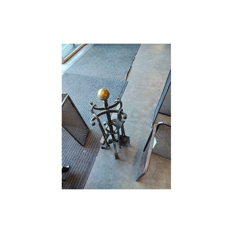 SERVITEUR DE CHEMINÉE FER FORGÉ 5 PIECES BOULES LAITON