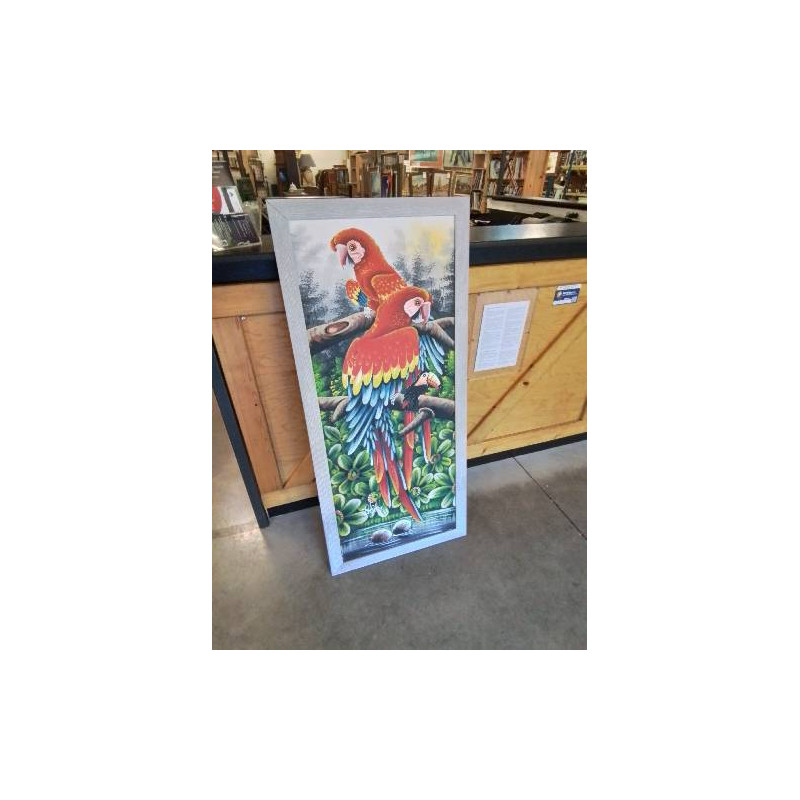 TABLEAU AUX PERROQUETS ET AU TOUCAN CADRE BOIS GRIS 132X60CM