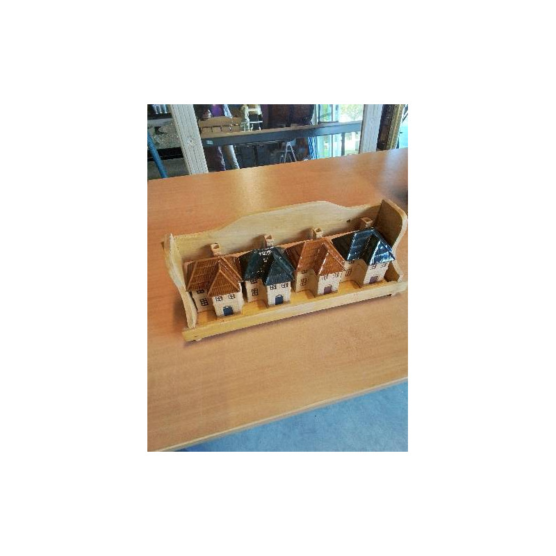 ÉTAGÈRE MURAL BOIS CLAIR AVEC 4 POTS MAISONNETTES