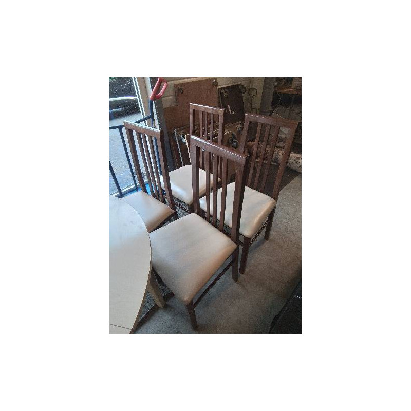 4 CHAISES BOIS DOSSIER 3 BARREAUX VERTICAUX ASSISE CAPITONNÉ SKAÏ ECRU