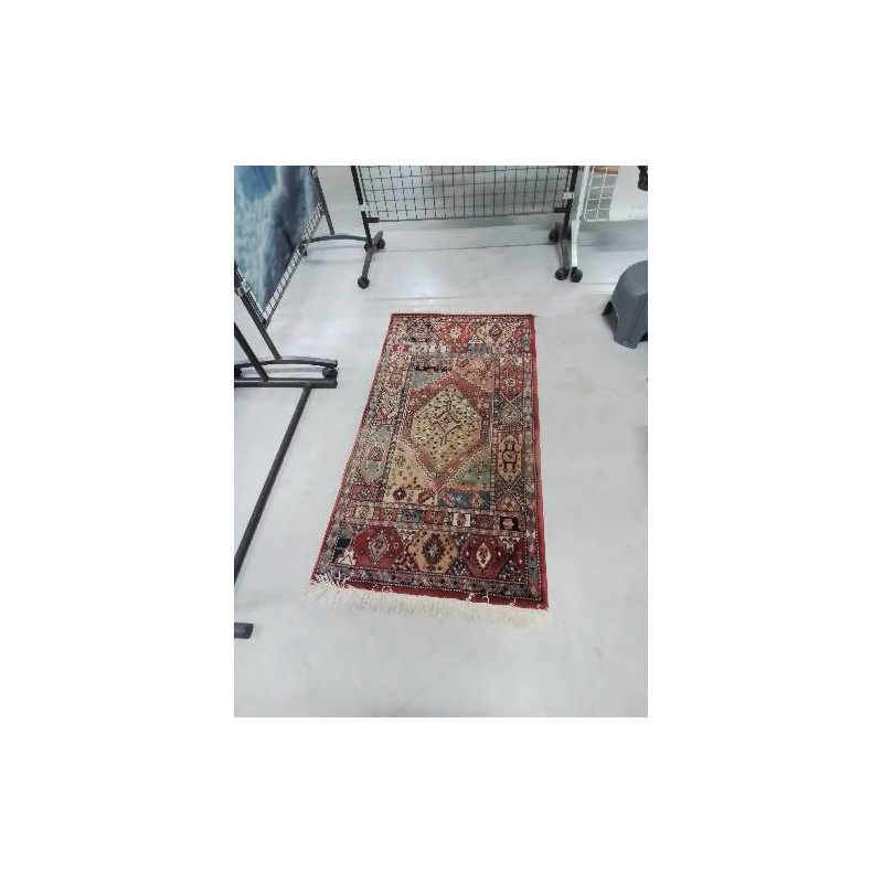 TAPIS LAINE FAIT MAIN ROUGE OCRE BLEU 135X70CM