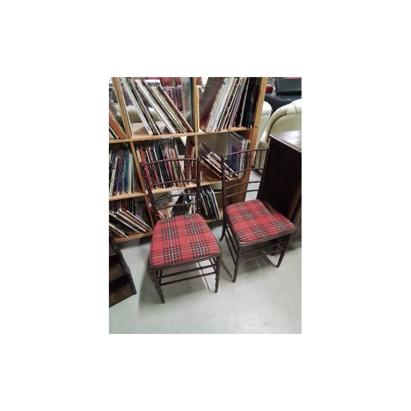 PAIRE DE CHAISES FAUX BAMBOU ASSISE TISSU ÉCOSSAIS NAPOLÉON III 