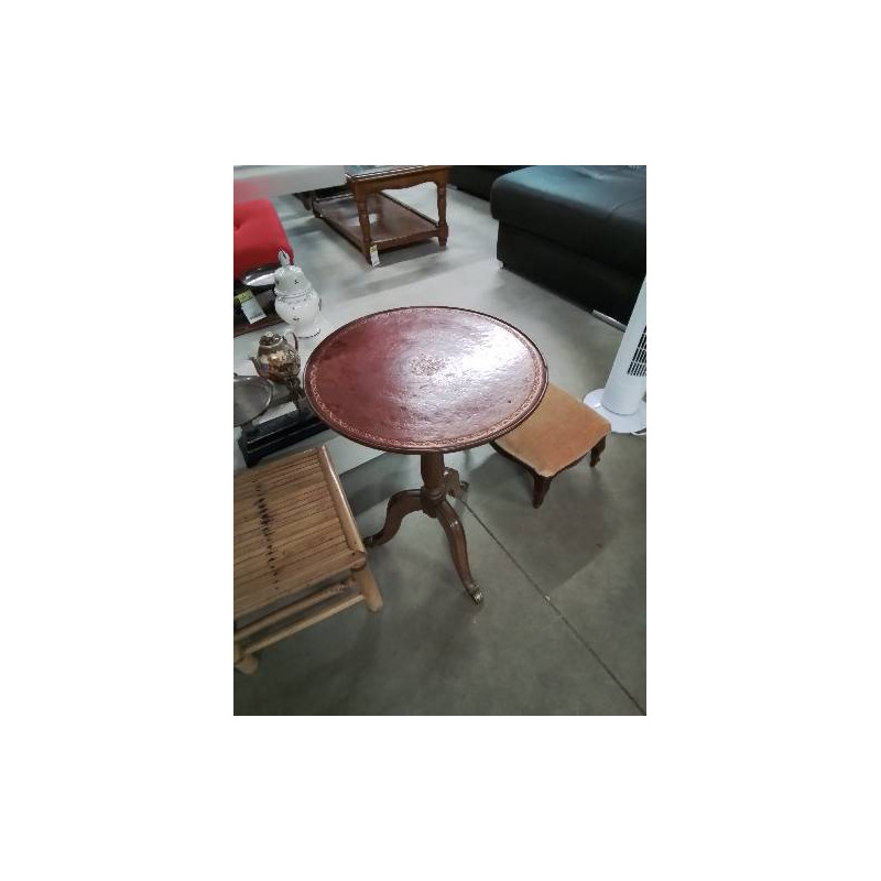 GUERIDON RONDE TRIPODE BOIS PLATEAU GAINÉ CUIR ROUGE LISERÉ DORÉ 