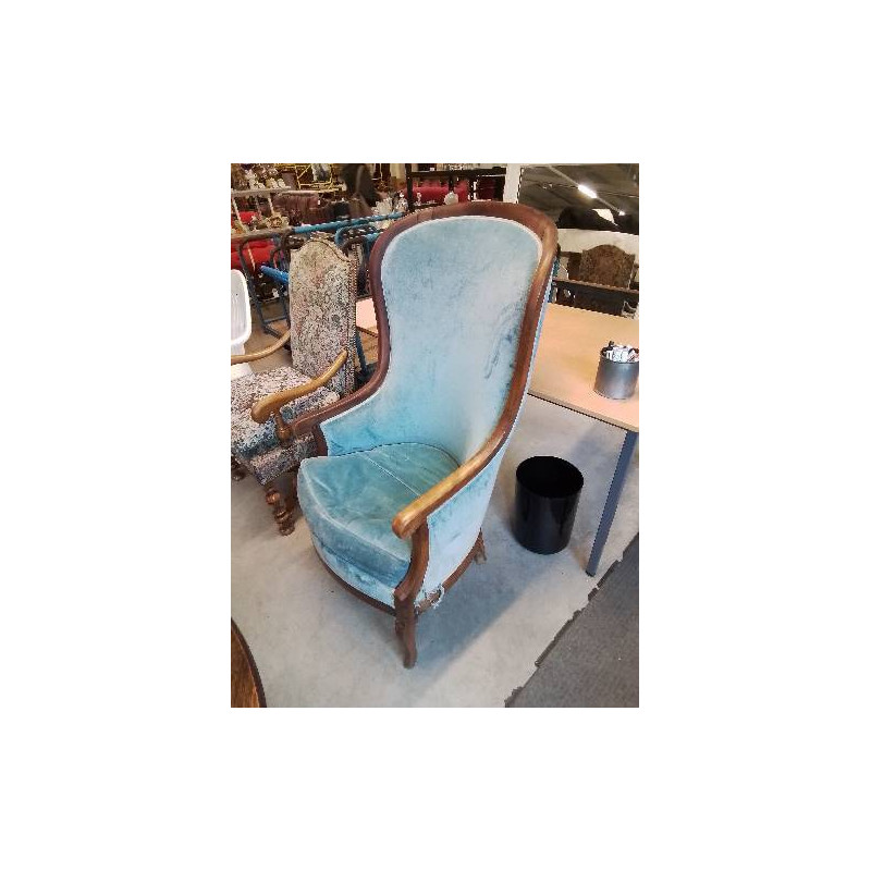 BERGERE  HAUT DOSSIER BOIS CAPITONNÉ VELOURS BLEU 
