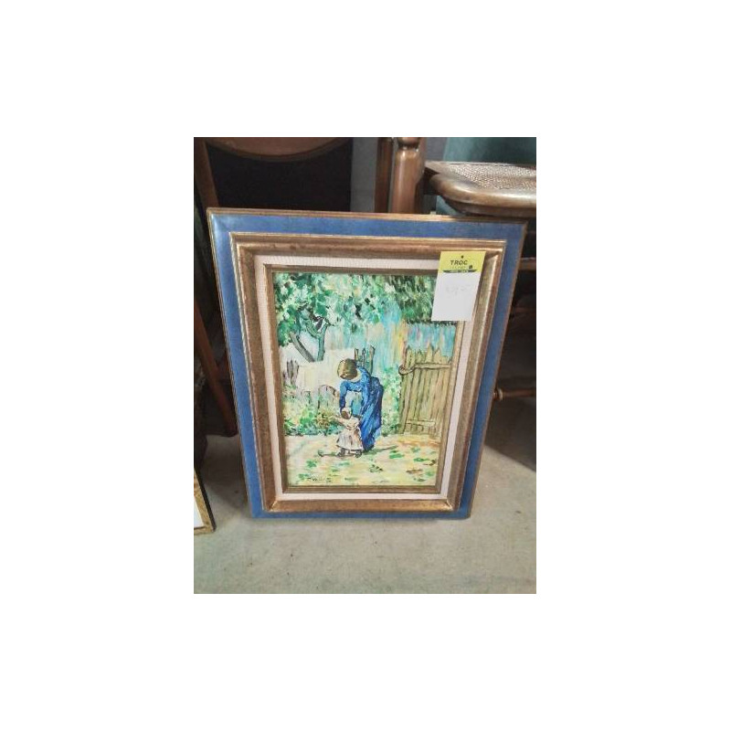 HUILE SUR PANNEAU FEMME ET PETITE FILLE CADRE BOIS MOULURÉ BLEU ET DORÉ 