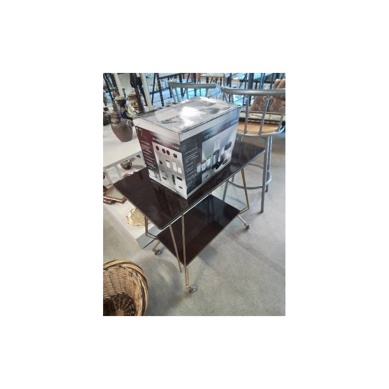 DESSERTE A ROULETTES MÉTAL DORÉ 2 NIVEAUX PLATEAU FORMICA MARRON ANNÉES 60