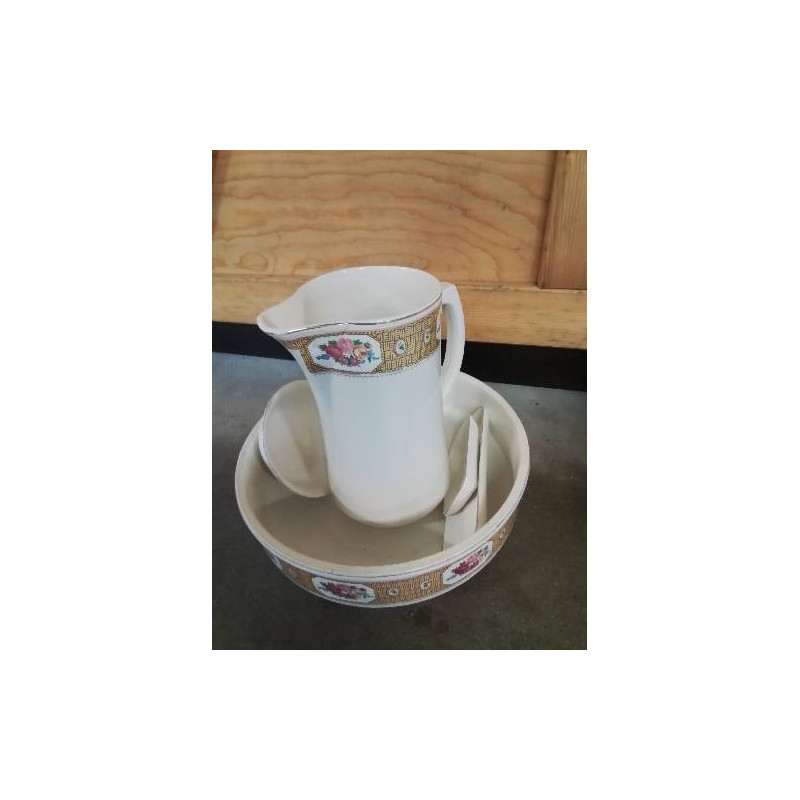 NÉCESSAIRE DE TOILETTE CÉRAMIQUE ECRU OCRE A FLEURS 5 PIÈCES SARREGUEMINES DIGOIN