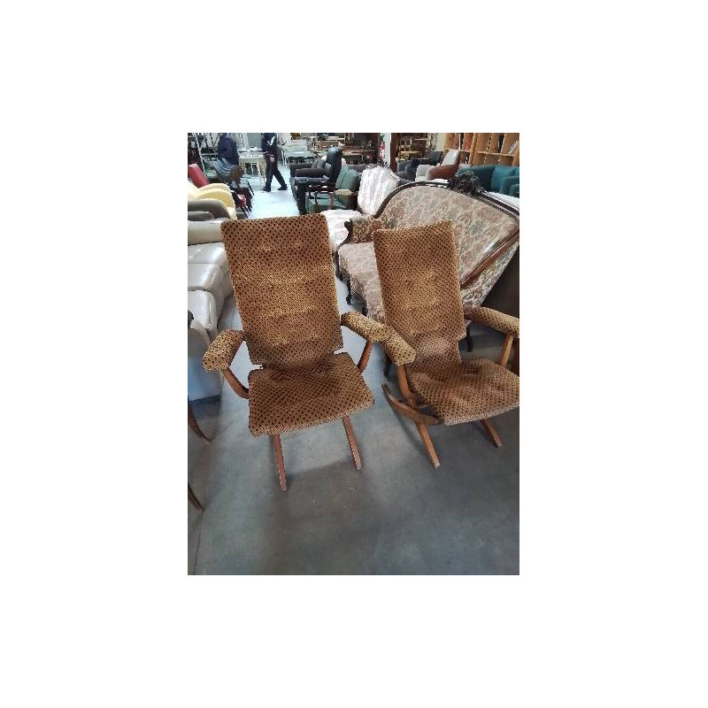 FAUTEUIL POLY X PAR POLYCONFORT BOIS ASSISE ET DOSSIER CAPITONNÉ VELOURS OCRE ANNÉES 70