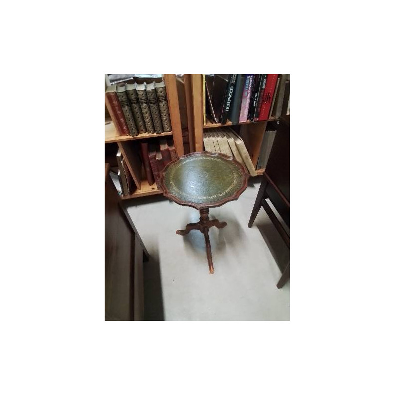 SELLETTE RONDE TRIPODE PLATEAU CHANTOURNÉ CUIR VERT LISERÉ DORÉ 