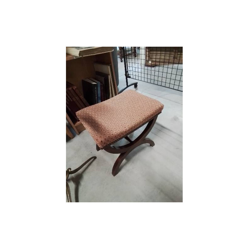 TABOURET CURULE  ACAJOU  ASSISE CAPITONNÉ TISSU VIEUX ROSE