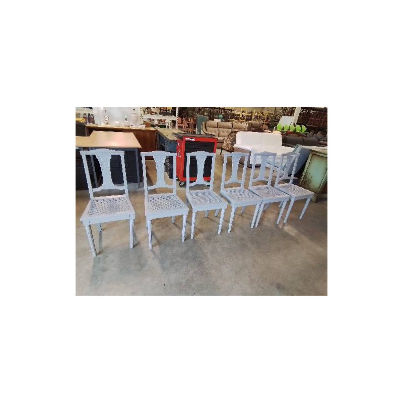 6 CHAISES BOIS PEINT GRIS  CANNE ANNÉES 40