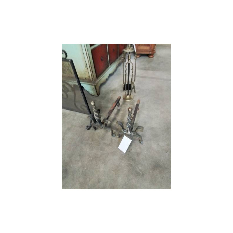 PAIRE DE CHENETS FONTE ET FER FORGÉ TORSADÉ DORÉ 