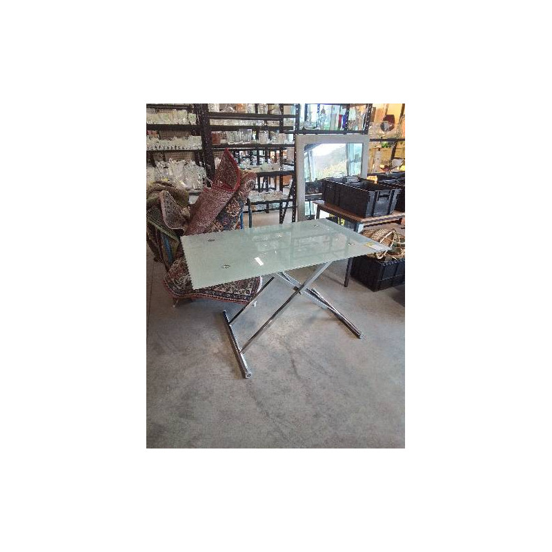 TABLE MONTE ET BAISSE PIÈTEMENT MÉTAL CHROMÉ PLATEAU VERRE