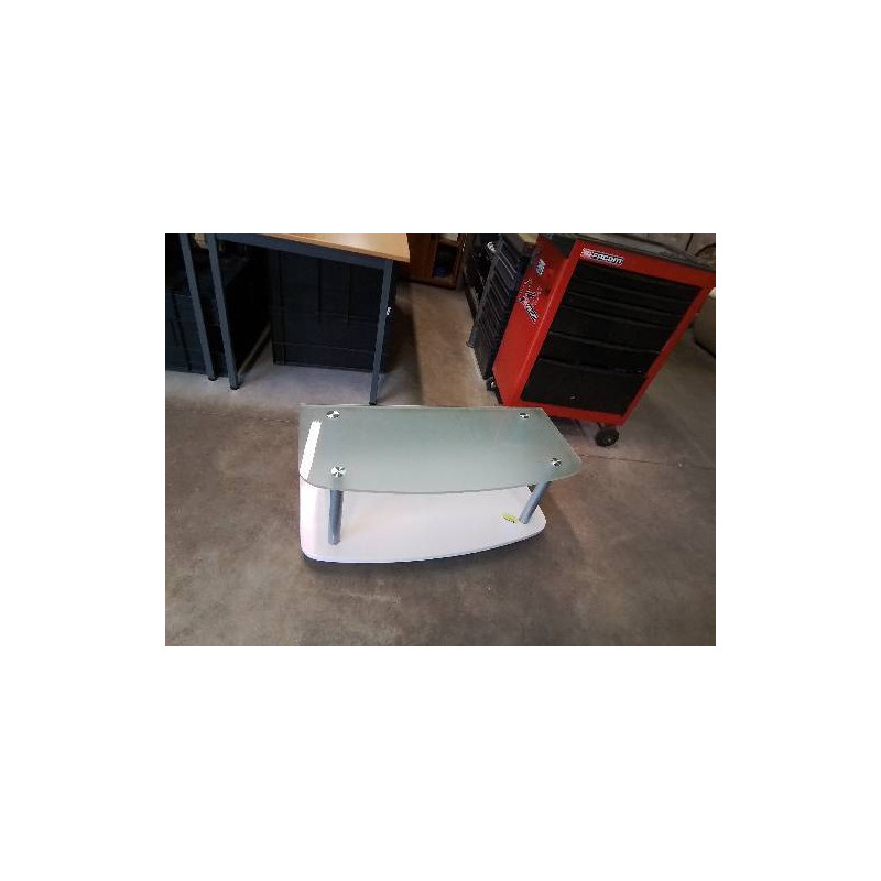 MEUBLE TV A ROULETTES BOIS PLATEAU VERRE 