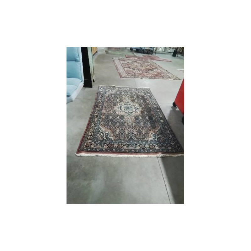 TAPIS LAINE FAIT MAIN IRAN  OCRE BLEU VERT 127X200