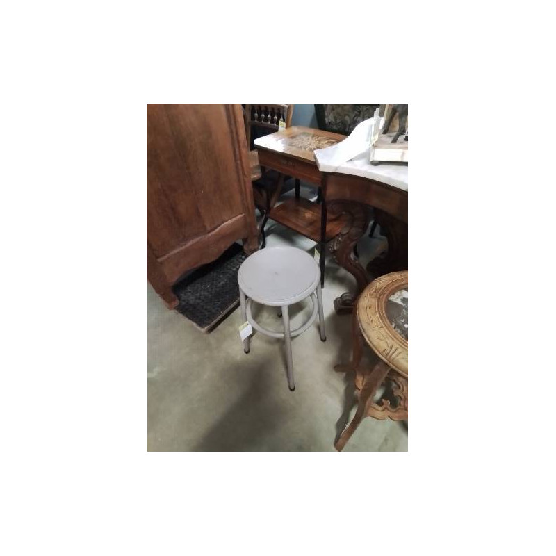 TABOURET INDUSTRIEL ROND BOIS ET MÉTAL PEINT TAUPE