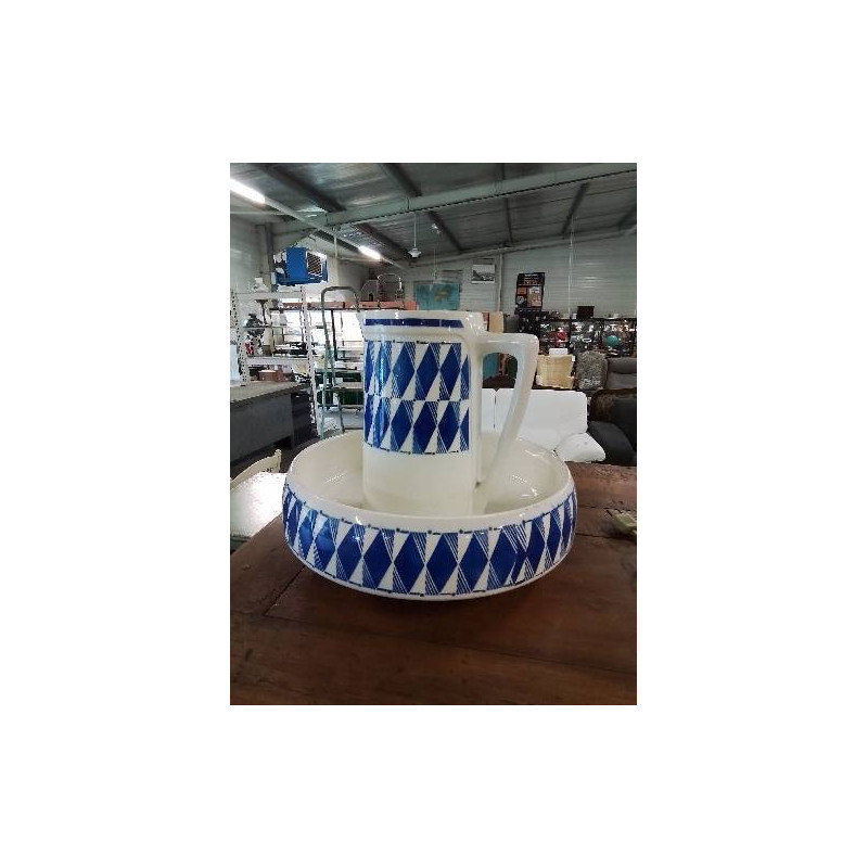 NÉCESSAIRE DE TOILETTE 2 PIÈCES CÉRAMIQUE ECRU ET BLEU K&G LUNEVILLE