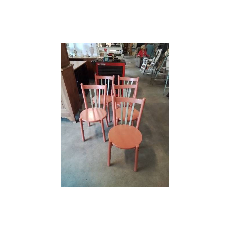 5 CHAISES BOIS PEINT ROSE ET BARREAUX VERT ANNÉES 50