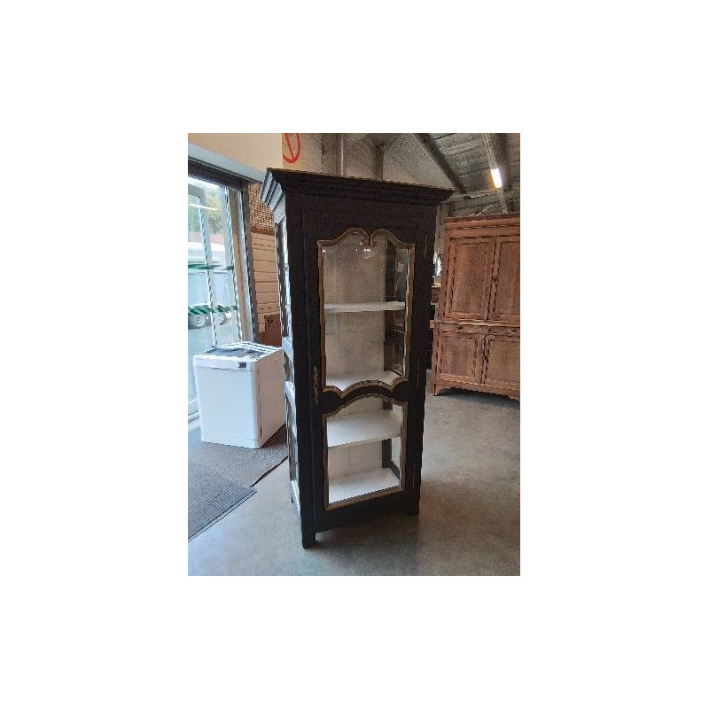 VITRINE BOIS MOULURÉ PEINT TAUPE LISERÉ DORÉ 