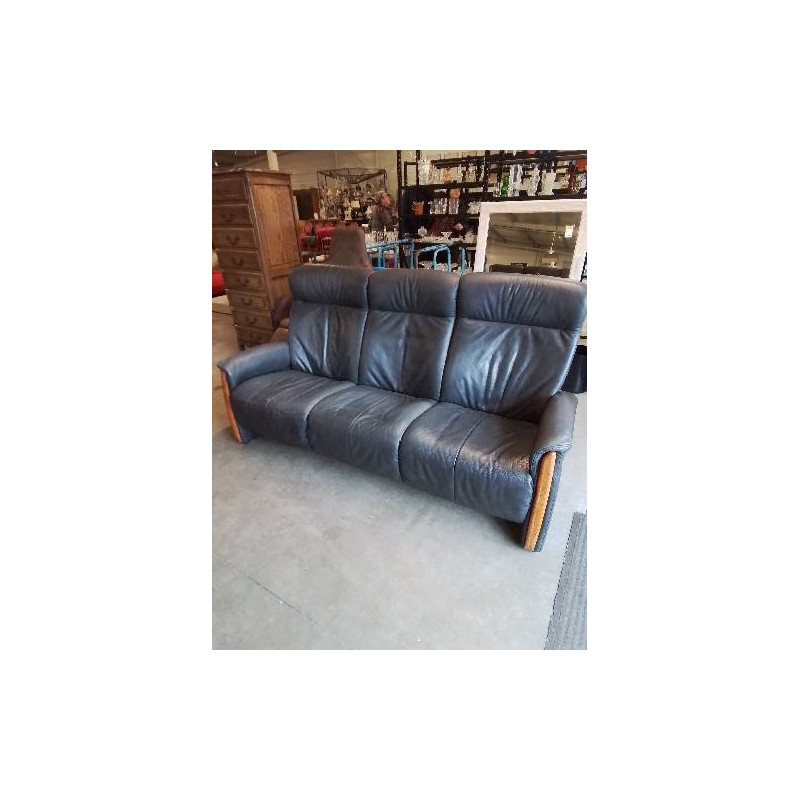 CANAPÉ 3 PLACES CUIR BLEU ET BOIS CLAIR HIMOLLA