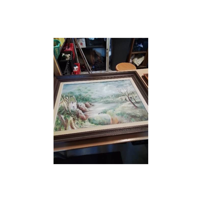 HUILE SUR PANNEAU PAYSAGE LAC ET MONTAGNE 