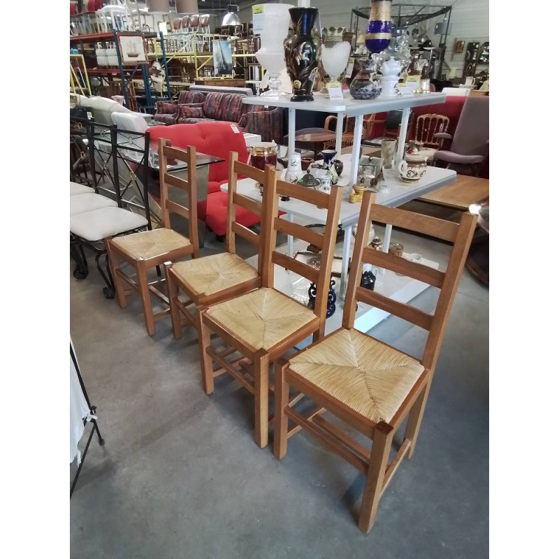 4 CHAISES BOIS CLAIR PAILLÉ A ENTRETOISE DOSSIER 3 BARREAUX 