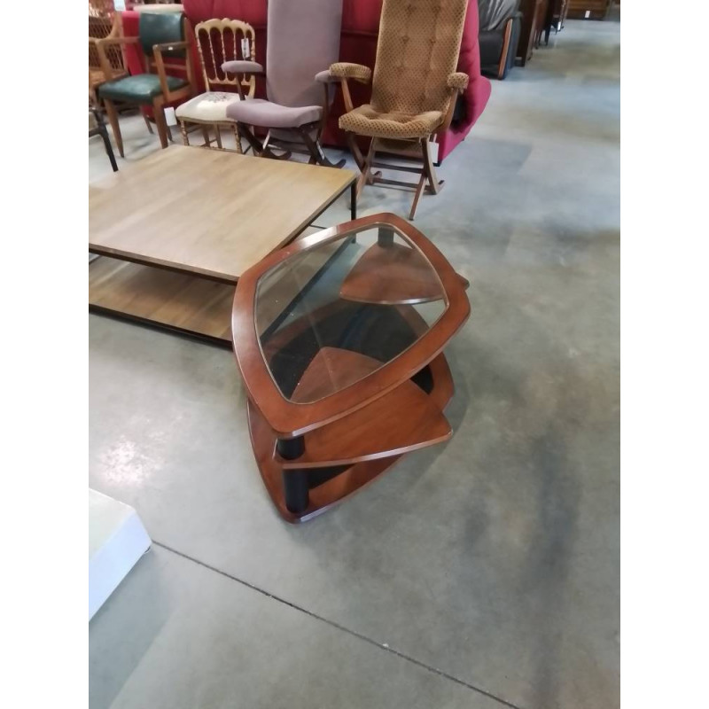 TABLE BASSE OVALE BOIS DELTA DE ANTOINE MOTARD  2 TABLETTES AMOVIBLES DESSUS VERRE