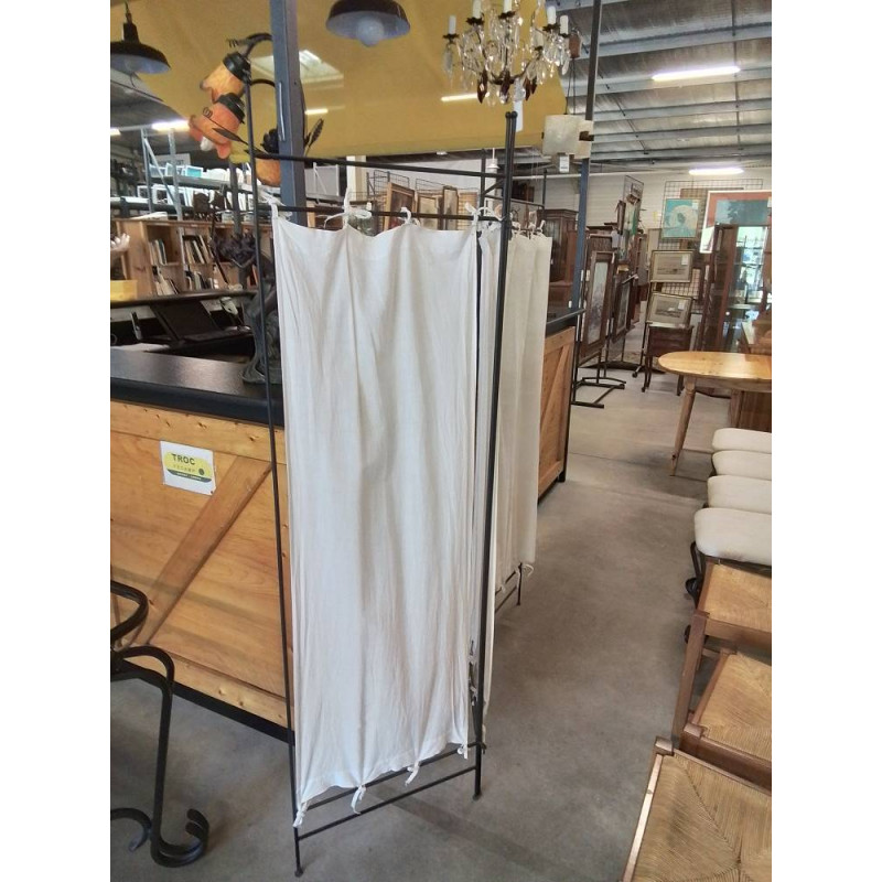 PARAVENT 3 FEUILLES MÉTAL NOIR ET TISSU ECRU