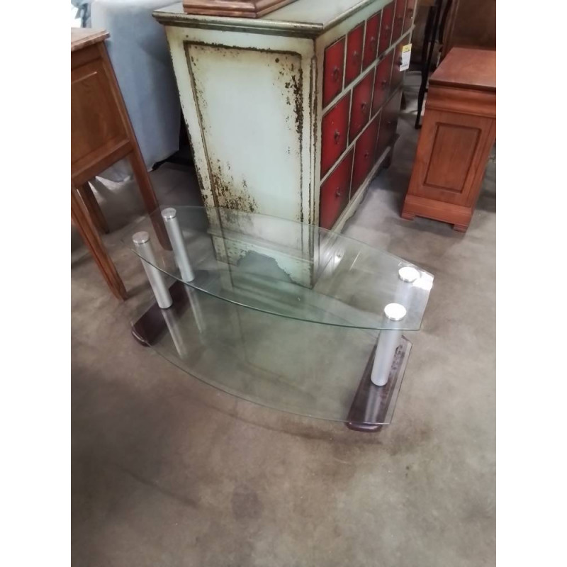 TABLE BASSE OVALE 2 NIVEAUX VERRE COLONNES MÉTAL GRIS SOCLE BOIS ALESCO