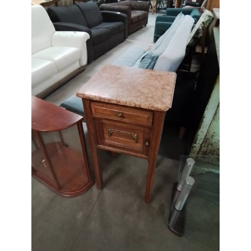 CHEVET BOIS CLAIR MOULURÉ 1 TIROIR 1 PORTE DESSUS MARBRE ROSE VEINÉ FIN XIXE 
