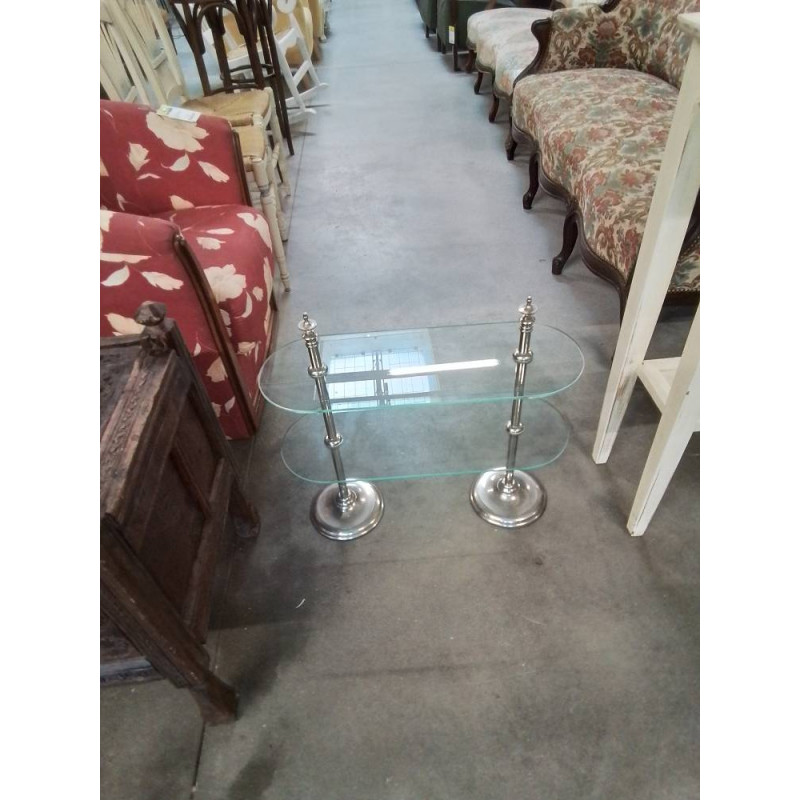 CONSOLE MÉTAL CHROMÉ 2 PLATEAUX OVALE VERRE