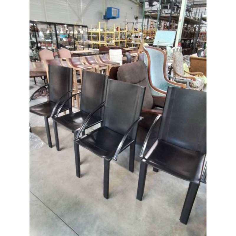 4 FAUTEUILS MÉTAL GAINÉ CUIR NOIR MATTEOGRASSI ANNÉES 80