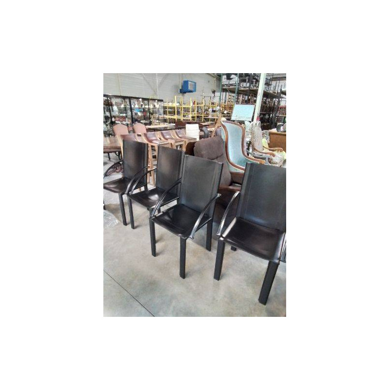 4 FAUTEUILS MÉTAL GAINÉ CUIR NOIR MATTEOGRASSI ANNÉES 80