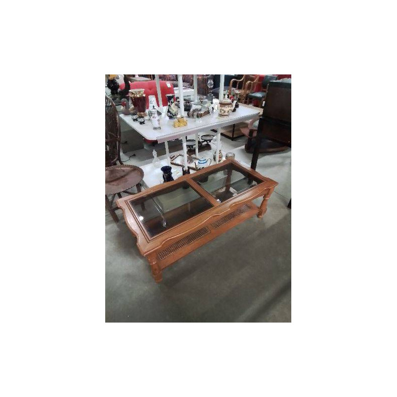 TABLE BASSE RECTANGULAIRE CHANTOURNÉ 2 PLATEAUX  VERRE ET CANNAGE