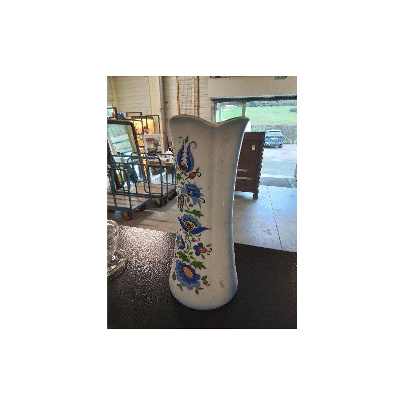 VASE CÉRAMIQUE ECRU FLEURS BLEUES LUBIANA POLOGNE ANNÉES 70 30,5CM